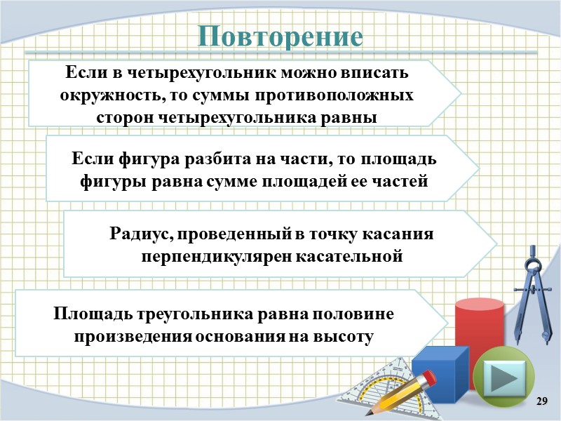 Повторение 29 Если в четырехугольник можно вписать окружность, то суммы противоположных сторон четырехугольника равны
